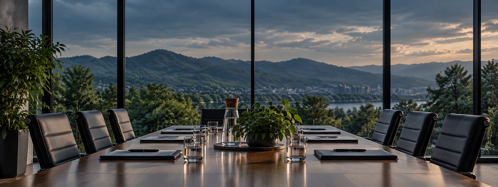 Boardroom overlooking trees and mountains